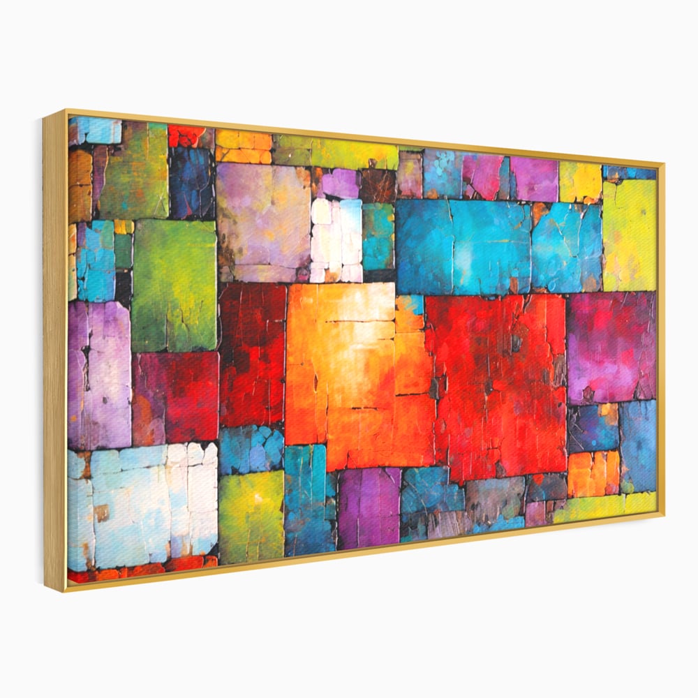 Tablou canvas cu tablou canvas cu mozaic geometric colorat, in rama de aluminiu auriu